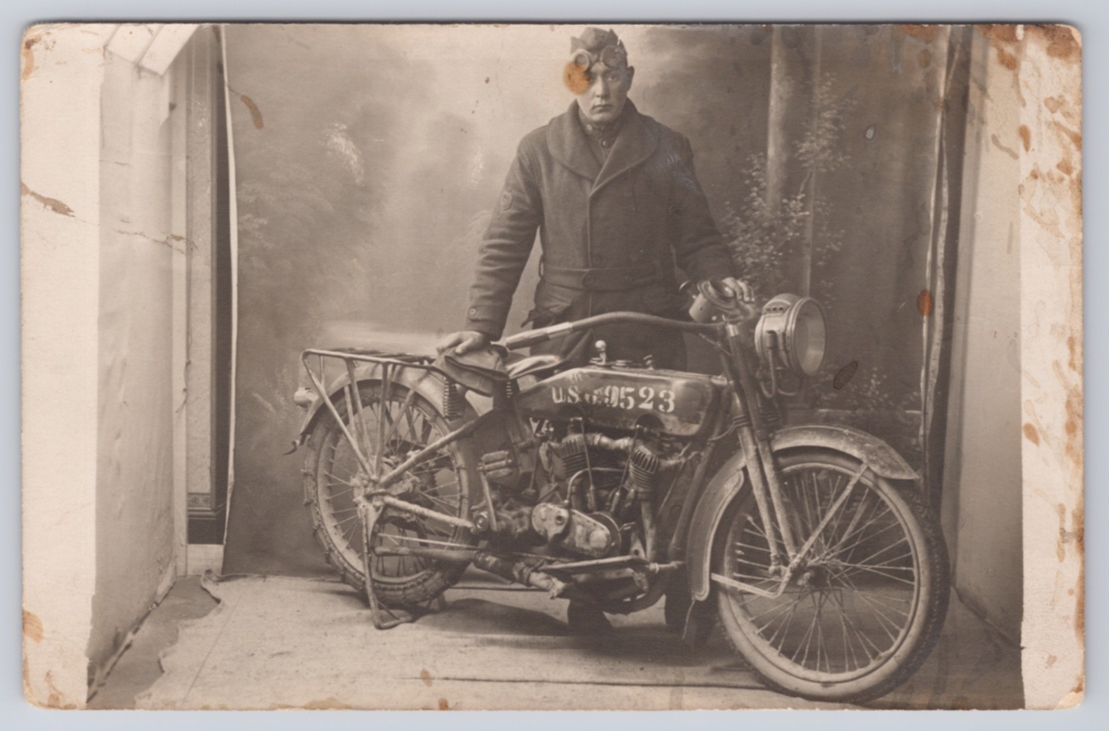 WWI US Army Soldier Motorcycle RPPC Harley Davidson F J c1917-18 France