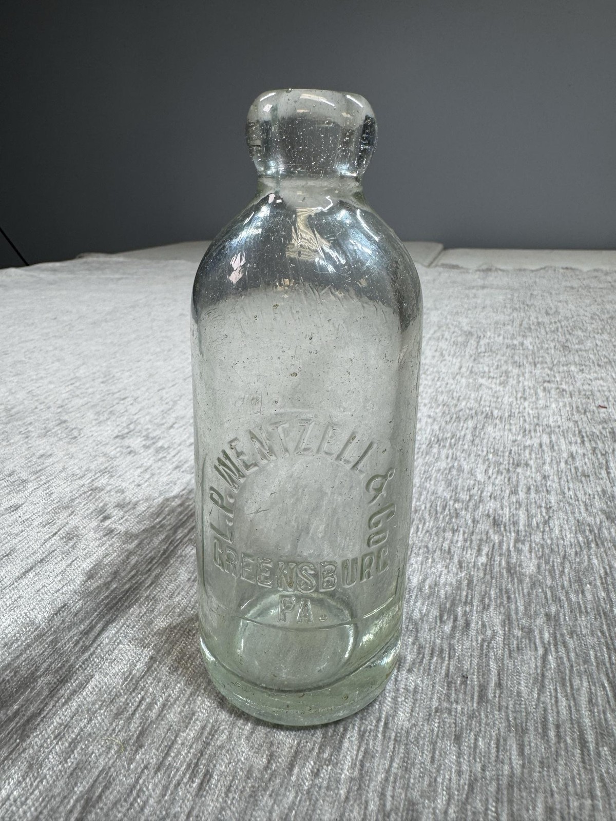 Vintage L P Wentzell & Co Greensburg PA Green Blob Top Soda Bottle Embossed Hutc