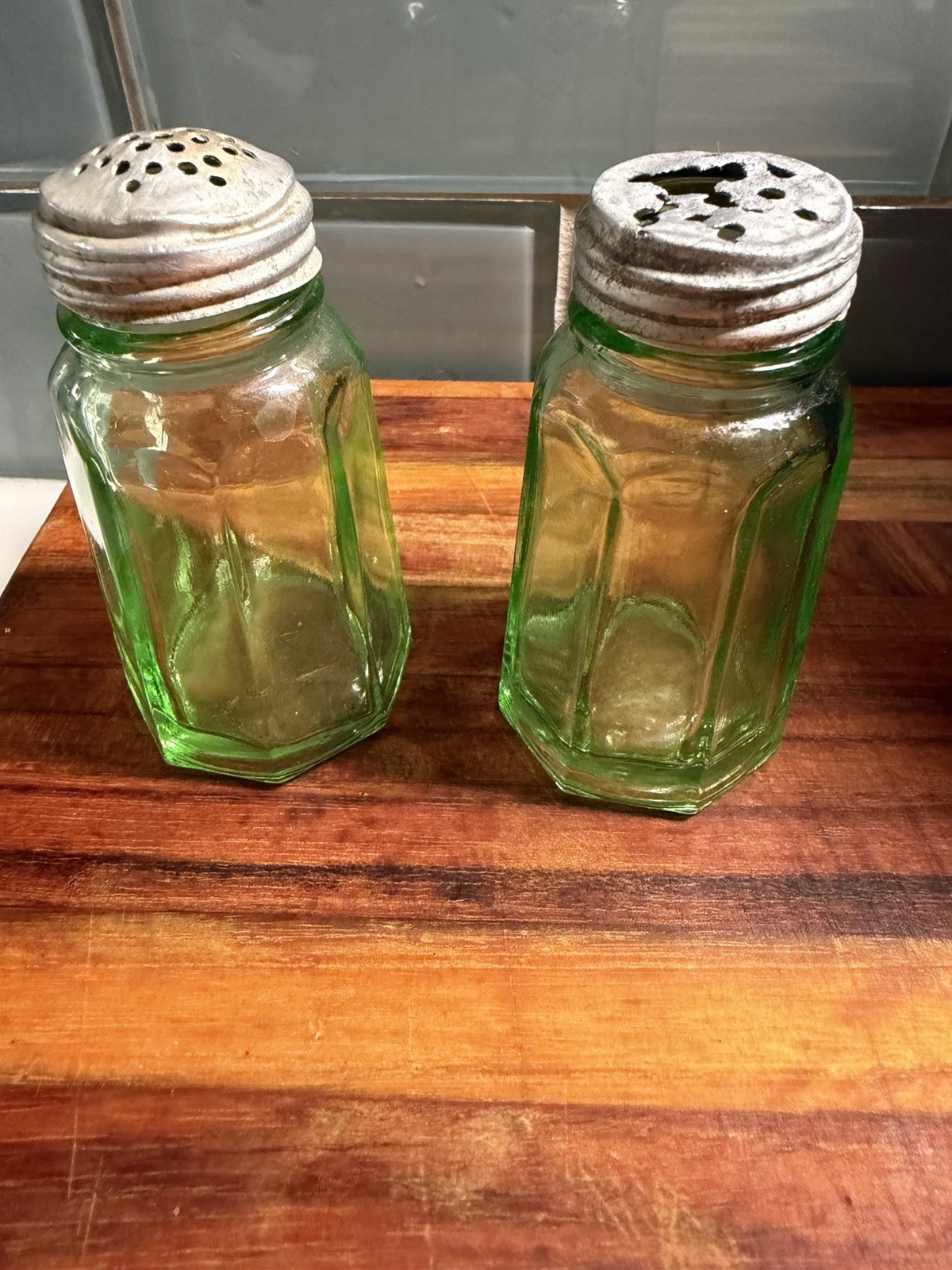 Vintage Uranium Glass Salt & Pepper Shaker Set w/Orig Alum Lids UV Reacts Green