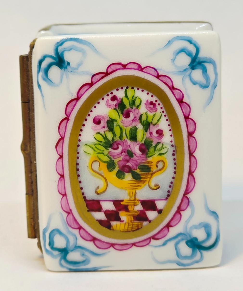 LIMOGES FRANCE BOX - PV - VINTAGE FLORAL BOOK - VASE & PINK ROSES - FLOWERS