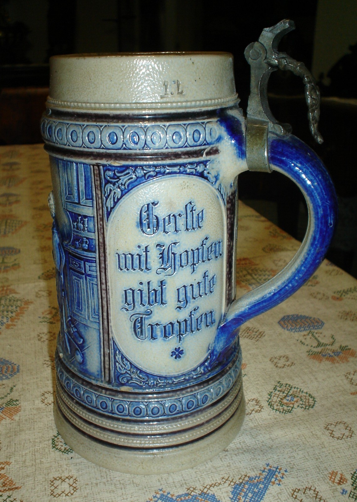 Beautiful Large Antique German Blue and White Stoneware Stein