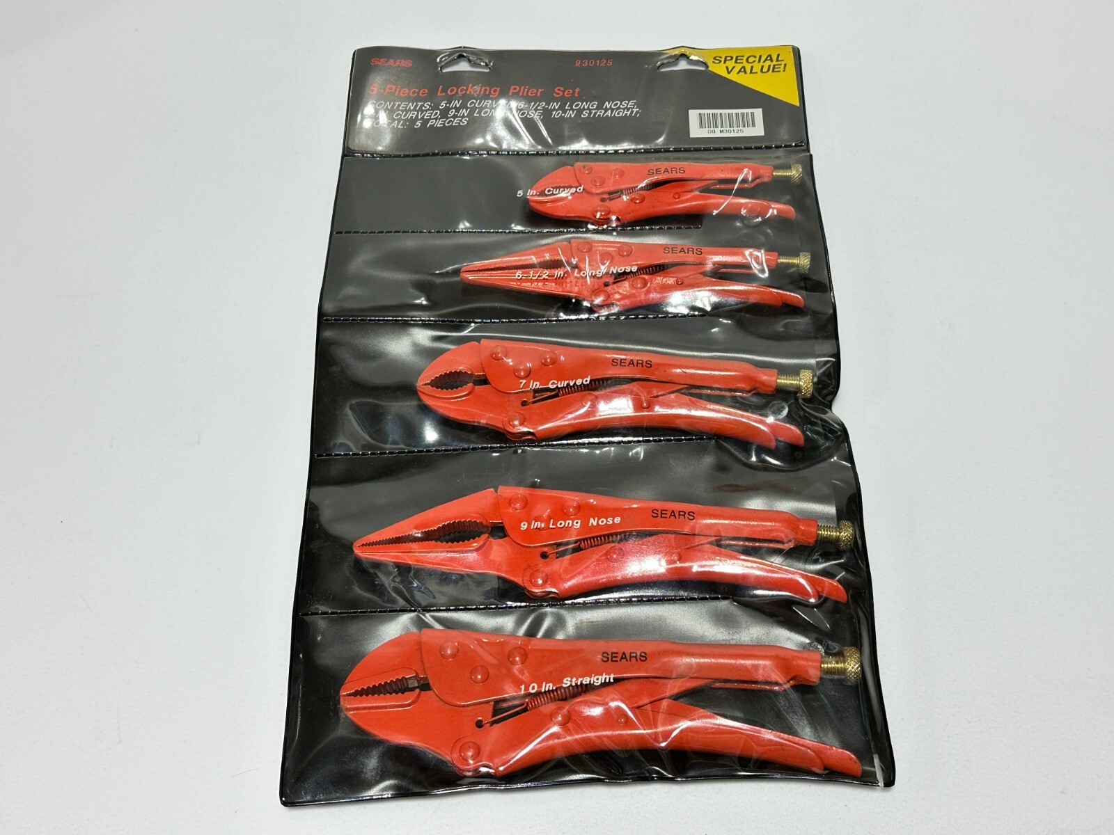 NOS SEARS 30125 (Rare) Hi-Viz Orange 5pc Locking Pliers Set in Plastic Kit Bag