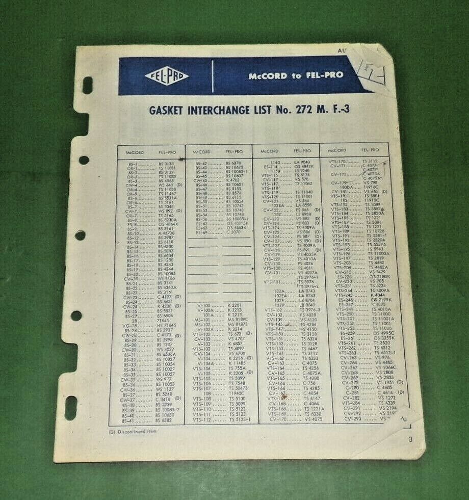 Vtg Gasket Catalog McCord to Fel-Pro Interchange List 272 MF3 1957 (F36)