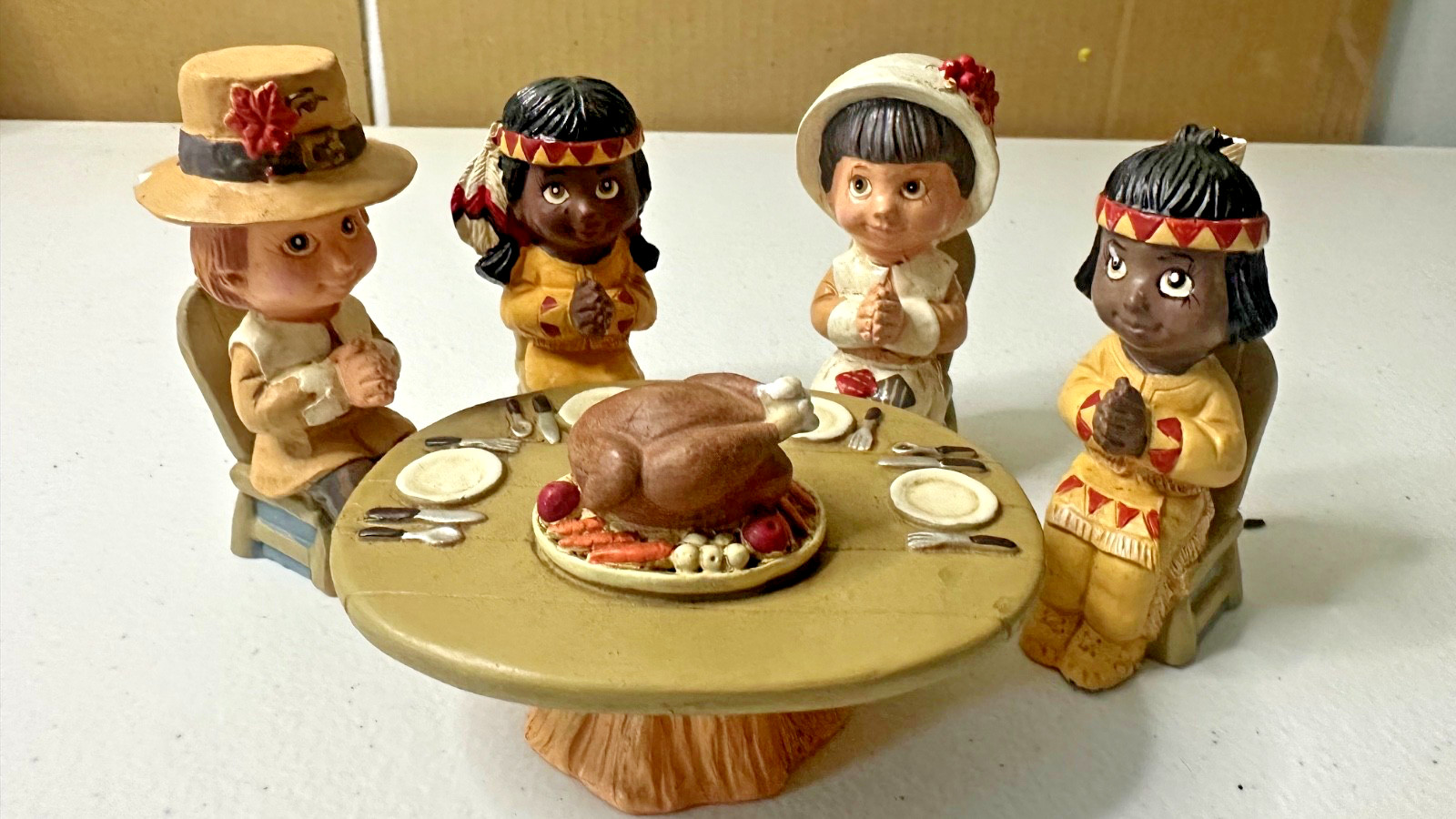 Vintage Thanksgiving Mini Figures “Count Your Blessings” Pilgrim Around Table FS