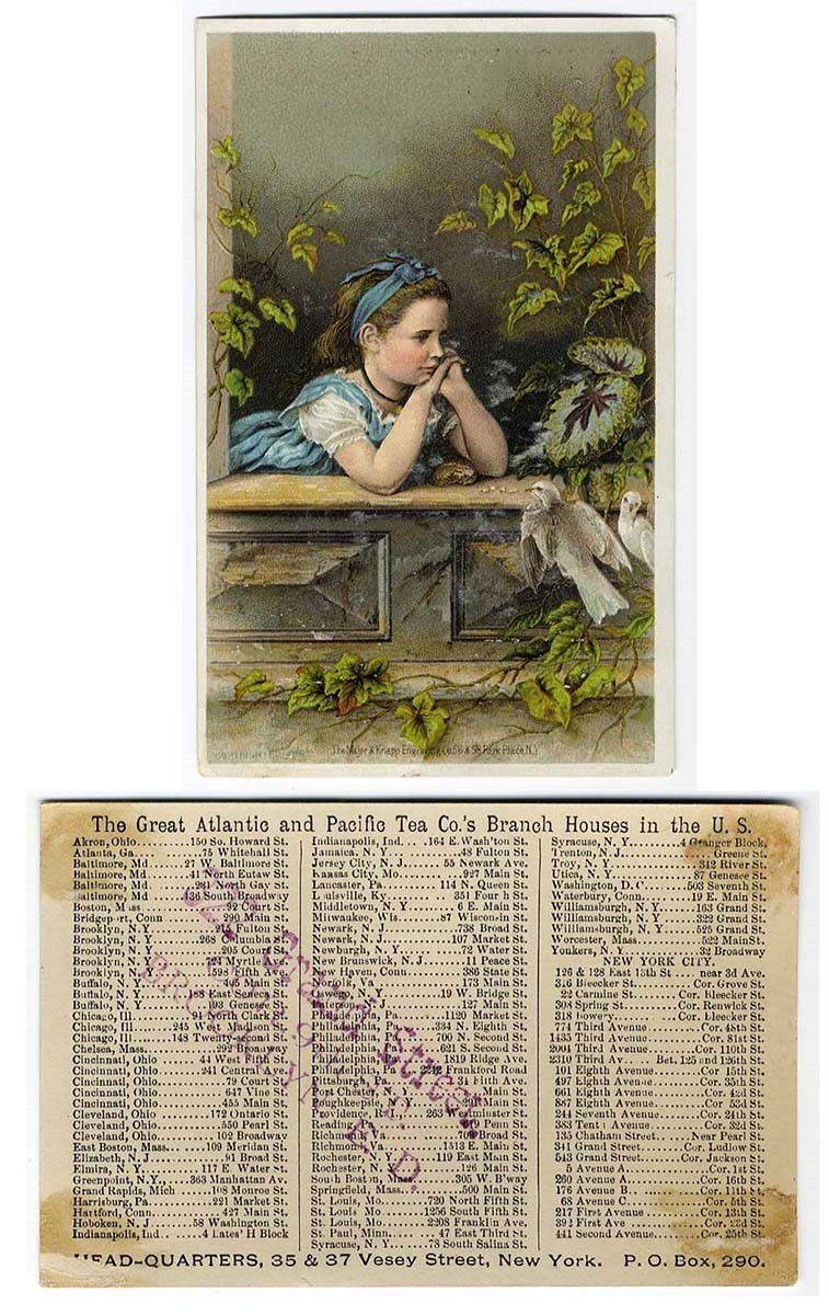 Brooklyn GREAT ATLANTIC PACIFIC TEA Co Victorian Trade Card PRETTY LITTLE GIRL
