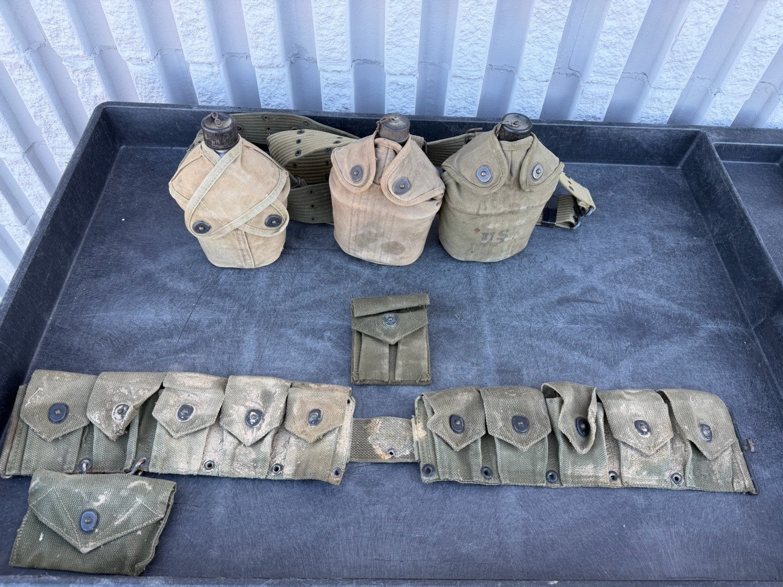 Wwii Military Canteens w/ dog ear flap cover  belt 1940s Lot Pouches