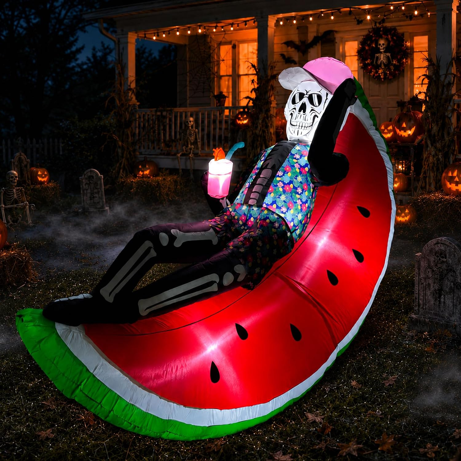 6.9FT Halloween Inflatable Skeleton on Watermelon, LED Blow up Yard Decor