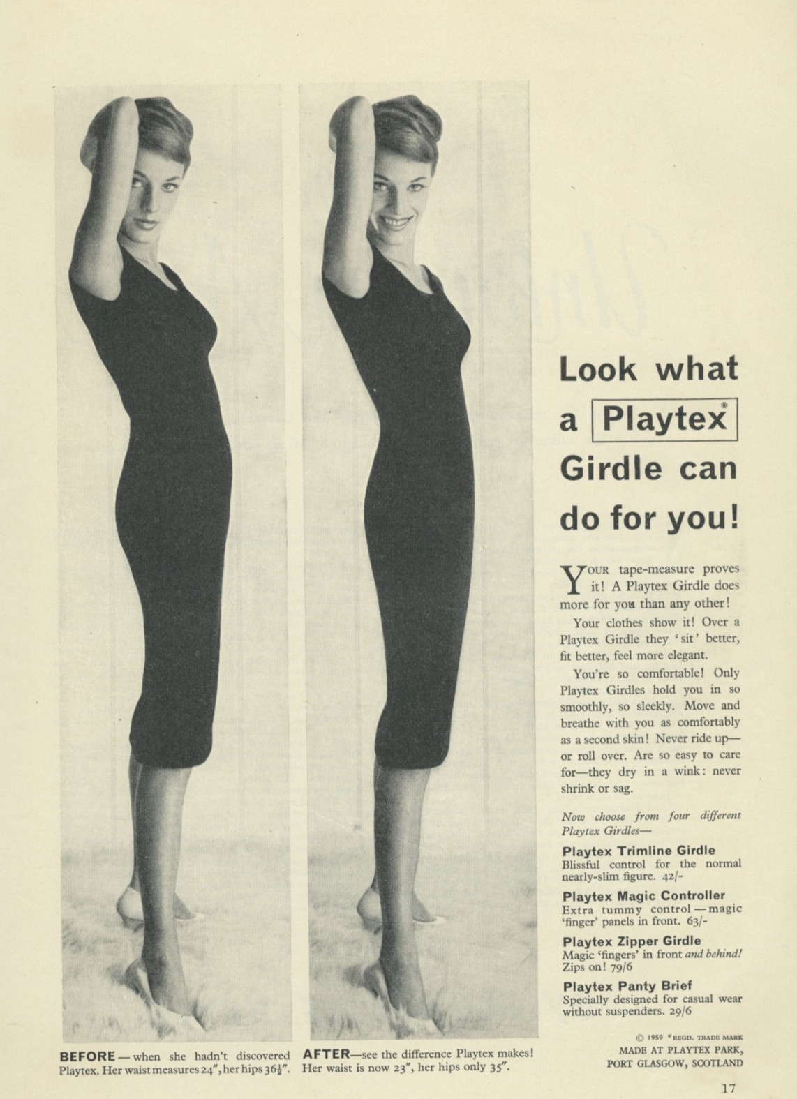 Vintage 1959 Playtex Girdle Lingerie Before After Fashion Original Print Ad