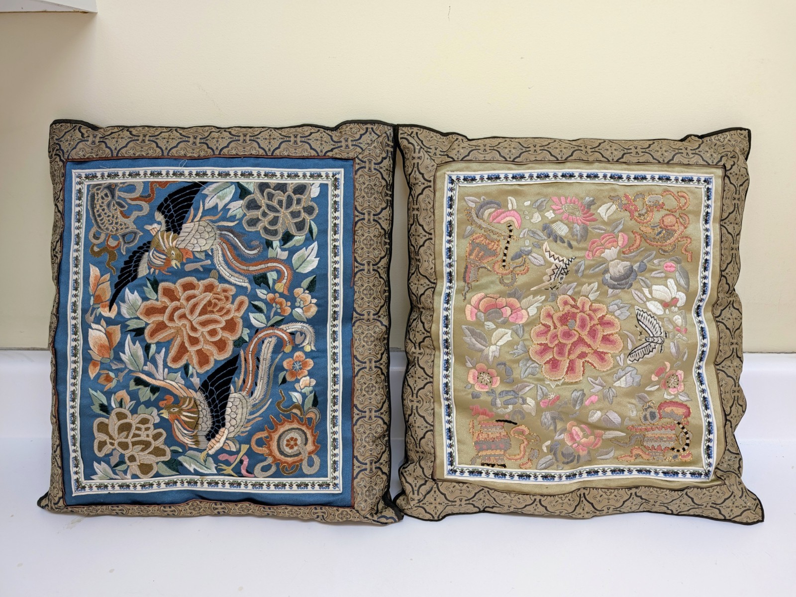 Pair of Chinese Asian Silk Phoenix, Butterfly, Flower Embroidery 15\