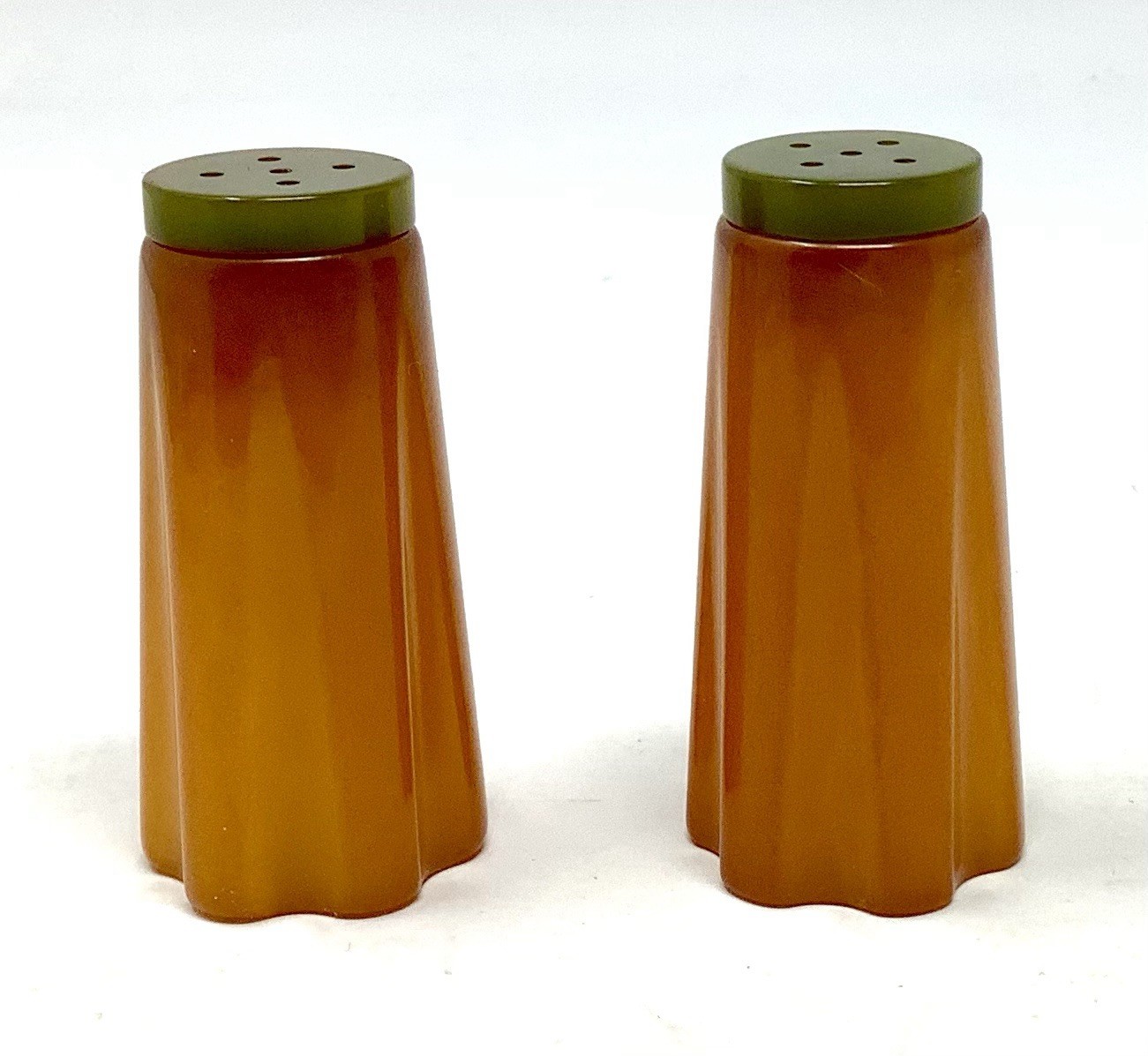 Vintage Set of Butterscotch w/ Green Top Bakelite Salt & Pepper Shakers Art Deco