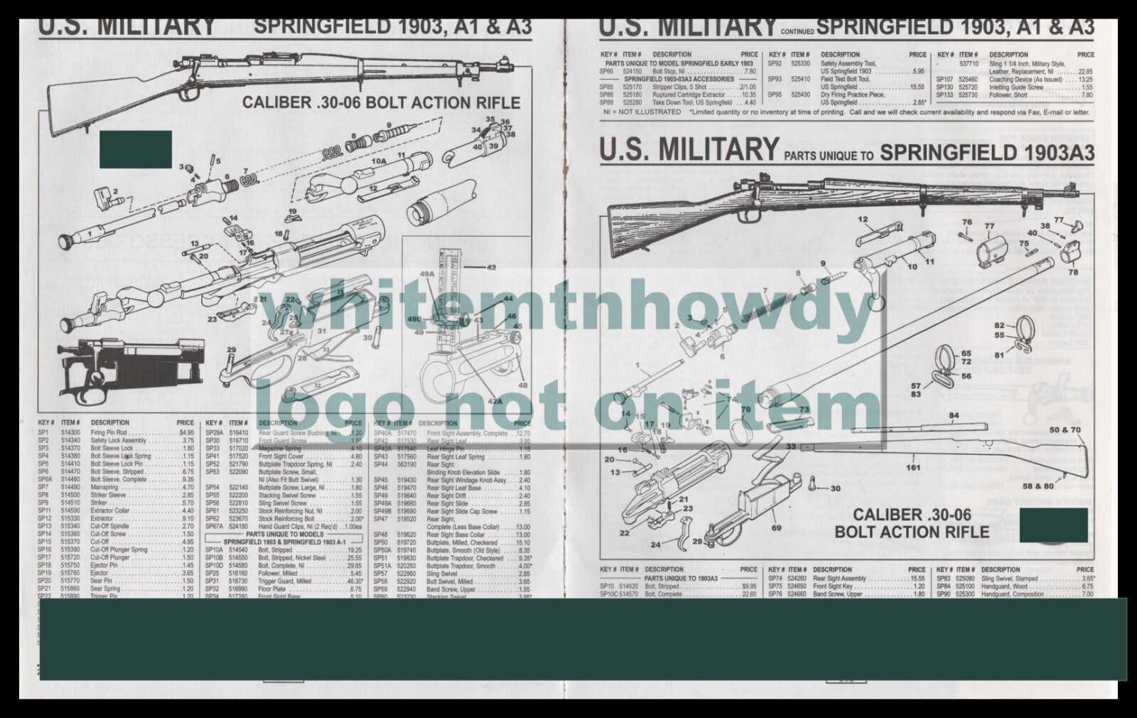 1999 U.S. MILITARY SPRINGFIEL1903 A1 & A3 1903A3 Rifle Schematic Parts List
