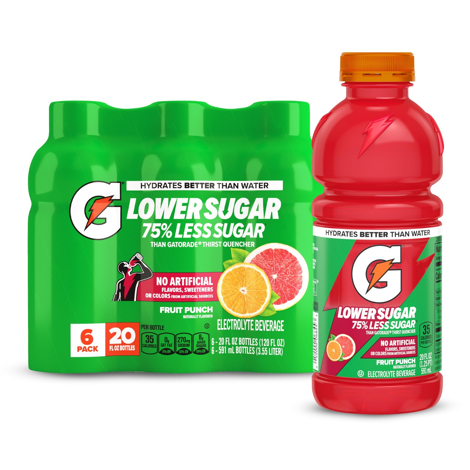 Gatorade Lower Sugar Electrolyte 20 Fl Oz (Pack of 6), Rain Berry