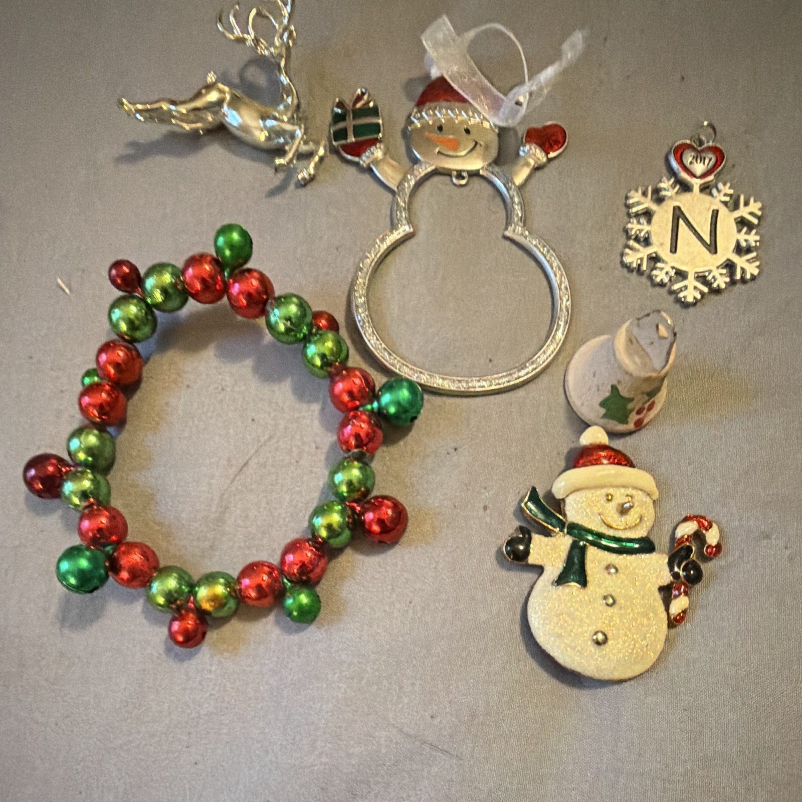 Vintage Christmas Set Lot of 6 Reindeer Santa Bell Snowman Pendant Bracelet