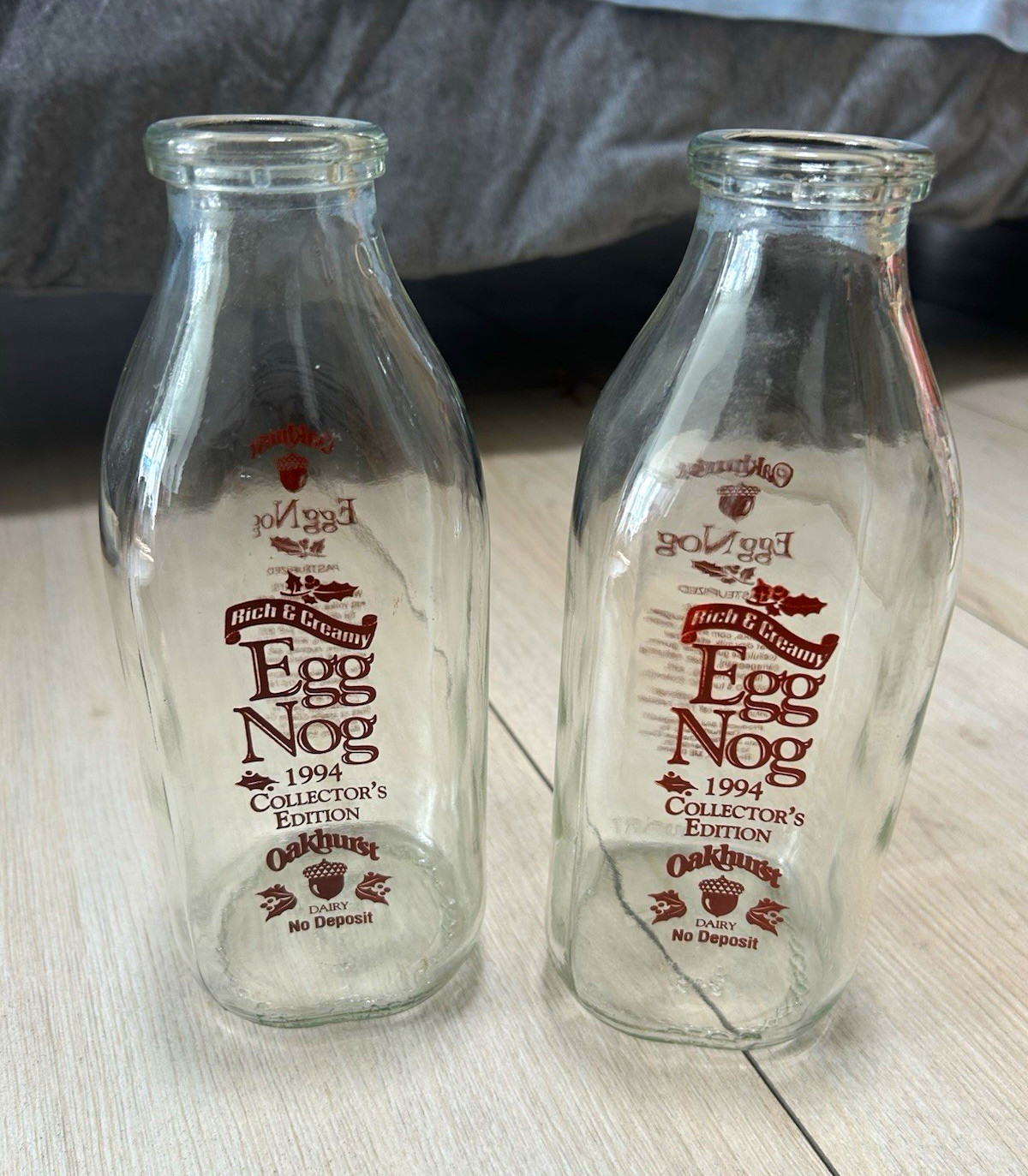 Lot of 2 Vintage Oakhurst Dairy 1994 Collector\'s Edition Egg Nog Glass Bottles