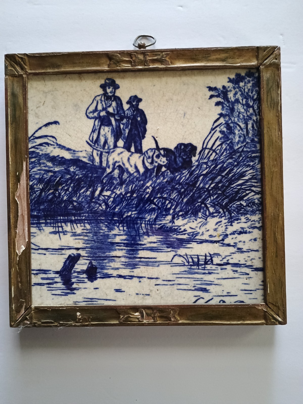 Antique Brown-Westhead Moore Tile Blue Transfer Sportsmen Dogs Shooting Hunting
