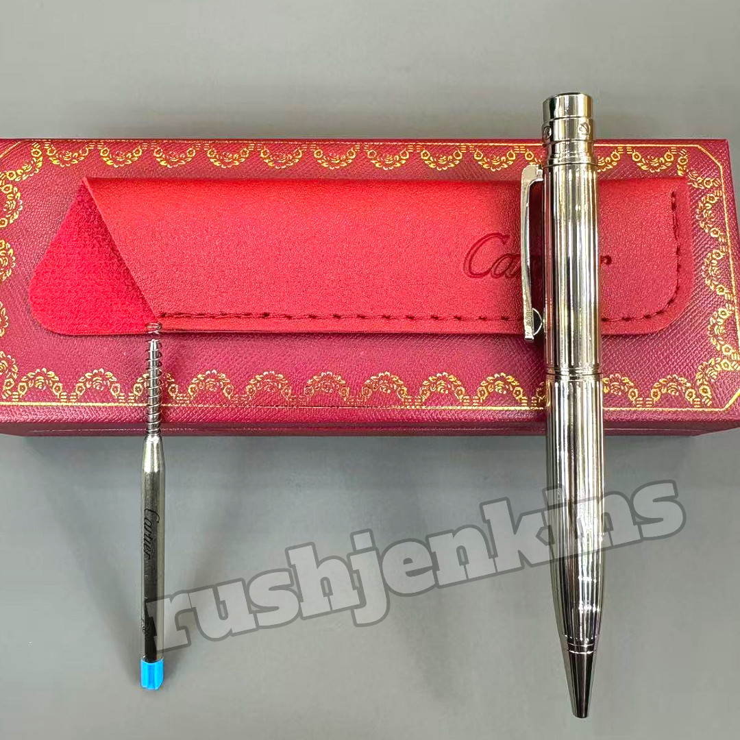 CARTIER Santos de Cartier Silver Tone Fluted Ballpoint Pen w/ Box & Refill