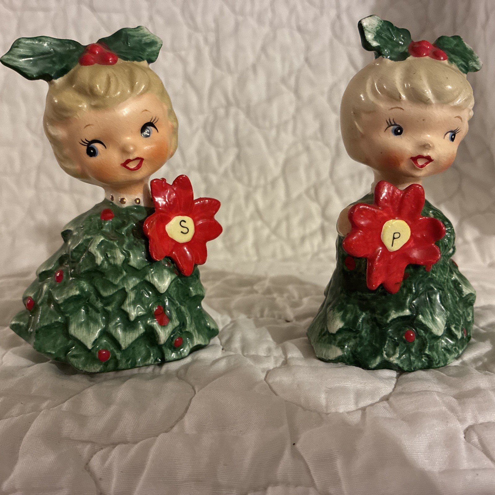 Vintage Holt Howard Christmas Girl Salt Pepper Shakers Holly Dress #6216 w/Plugs