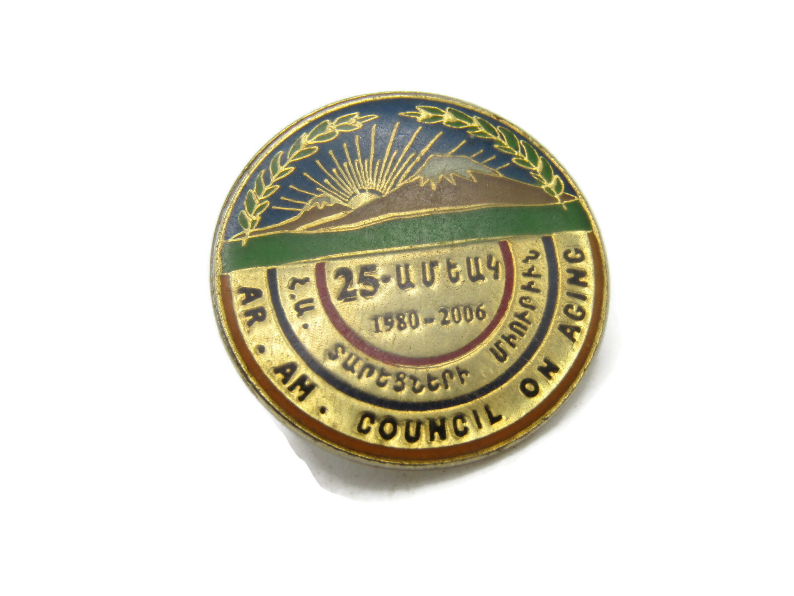Vintage Armenian American Council on Aging 25th Anniversary Pin Mt Ararat Enamel