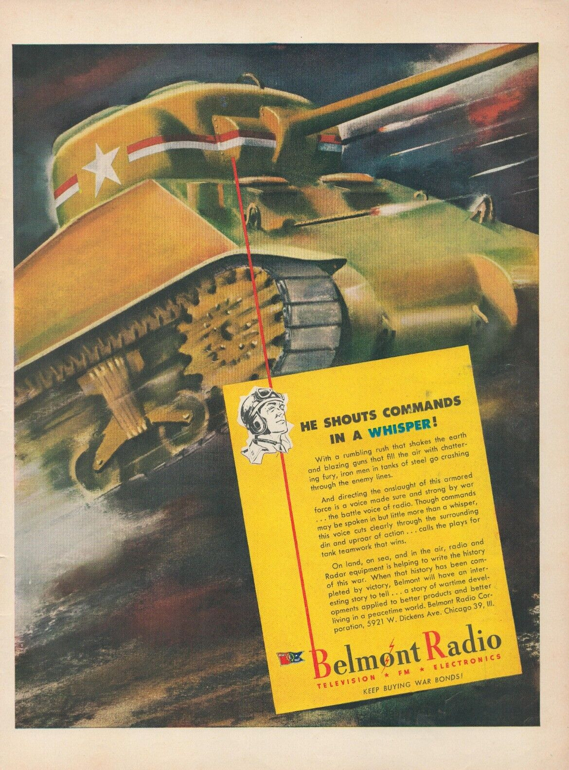 1943 Belmont Radio WW2I Sherman Tank He Shoots Commands In Whisper Print Ad