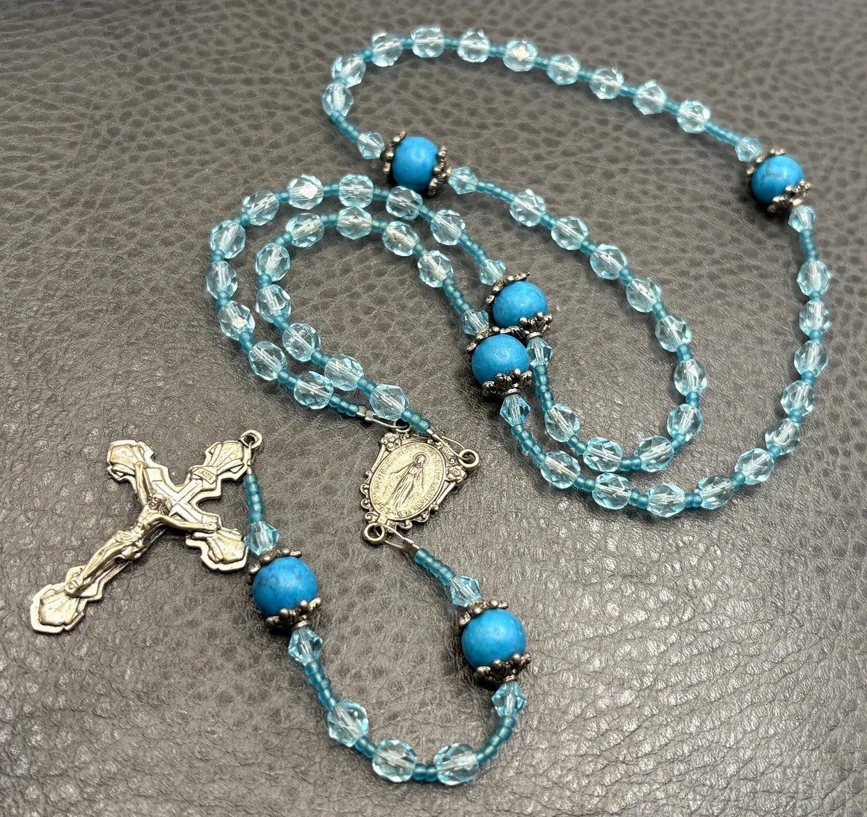 VTG Sterling Medal Rosary Blue Crystal Faux Turquoise Bead Silver Tone Cross 24”