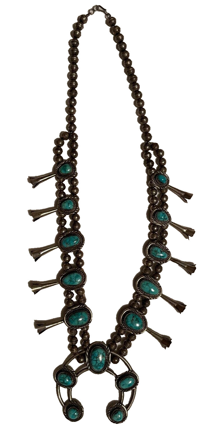 Vintage Native American Sterling Silver Turquoise + Naja SQUASH BLOSSOM NECKLACE