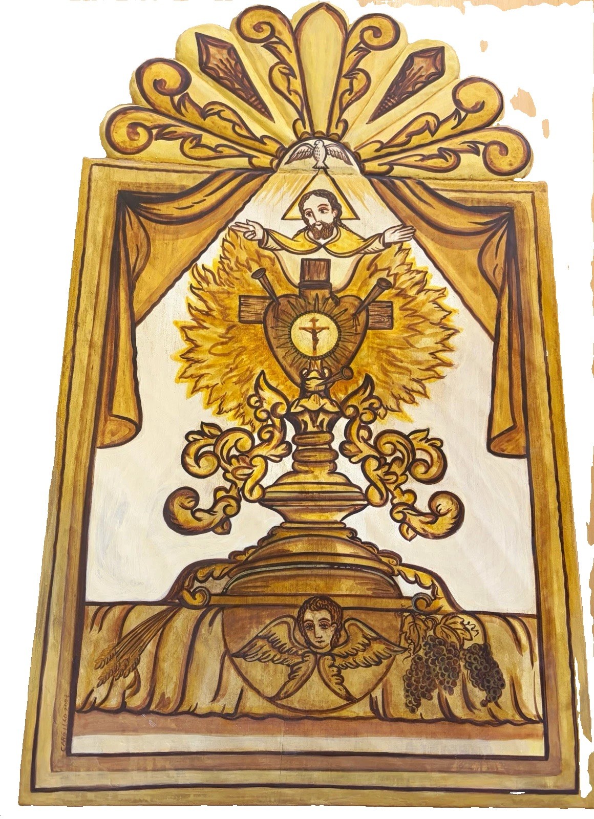 Large (32x19) Wood Retablo by Charles Carrillo - 2004 -God, Holy Spirit & Angel.