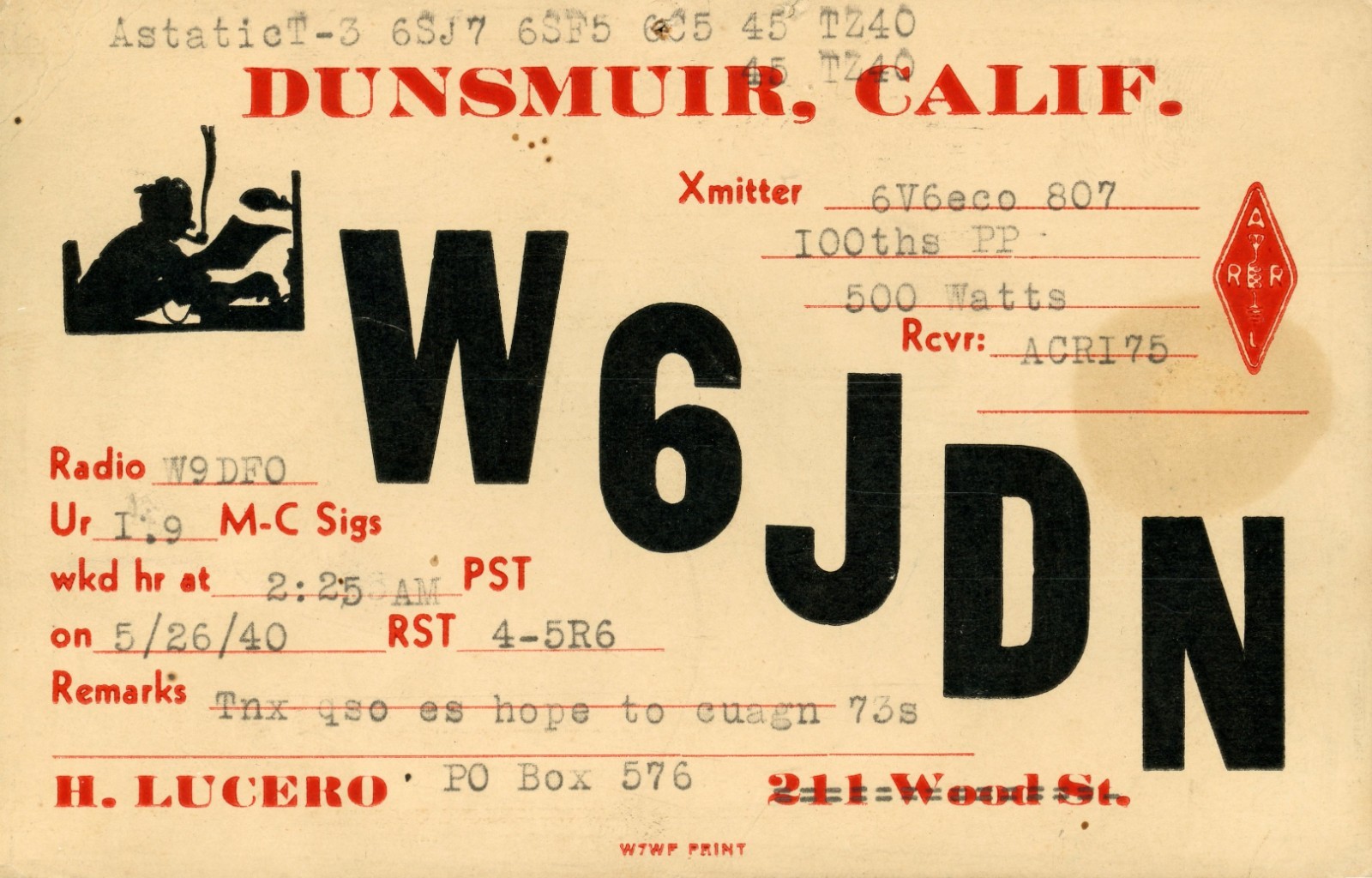 Vintage Amateur Radio QSL Postcard, 1940, W6JDN, Dunsmuir, CA, Scott #804