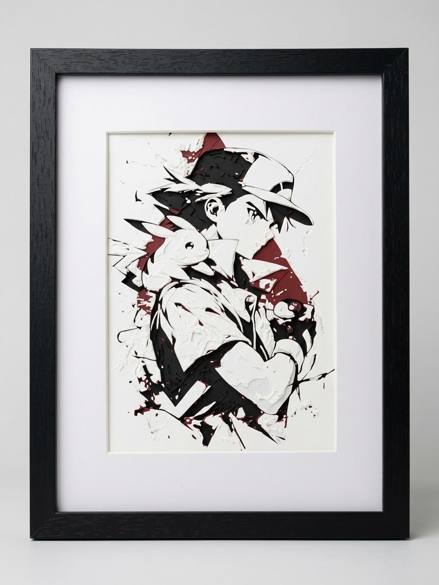 Pokemon Ash & Pikachu 3D Shadow Box Framed Art Layered Gaming Wall Desk Decor