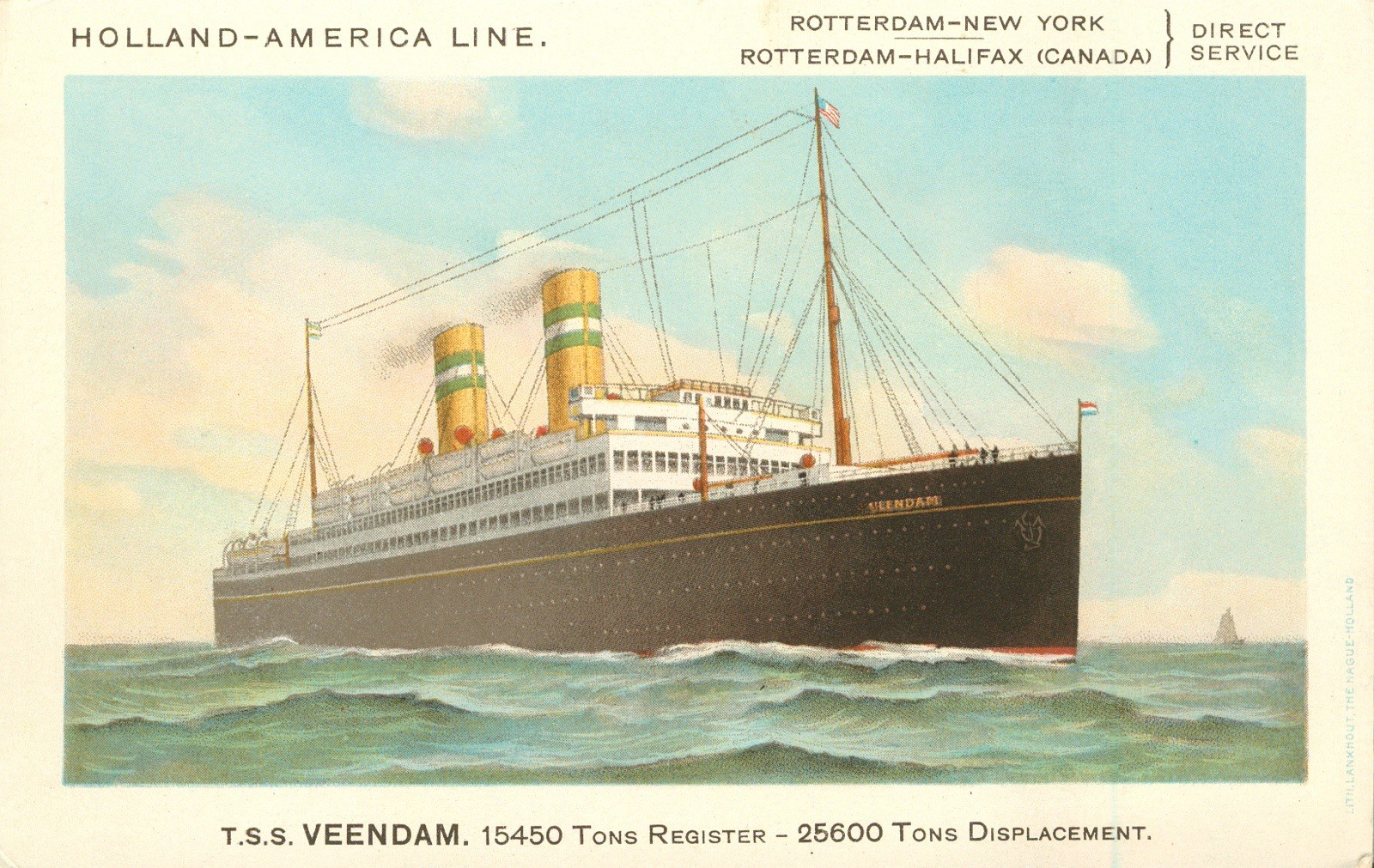 Ship Postcard c1914 T.S.S.Veendam Holland-America Rotterdam-NY & Halifax  N