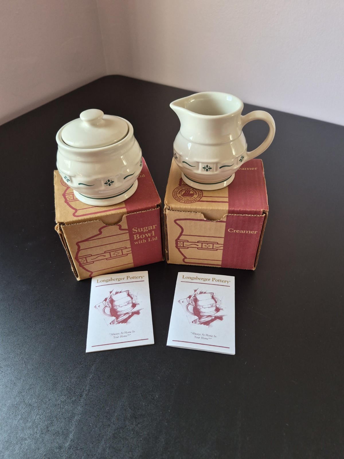 NIB Longaberger Pottery Woven Traditions Green Creamer & Sugar Set w/prod. cards