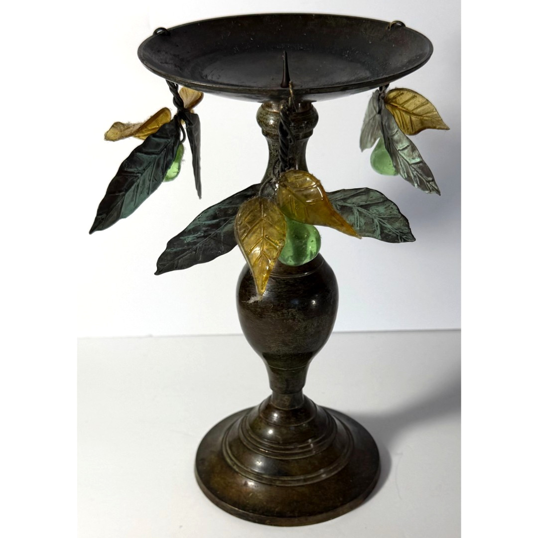 Vintage Metal Candleholder Lucite Pears Leaves MCM Decorative Candlestick Patina