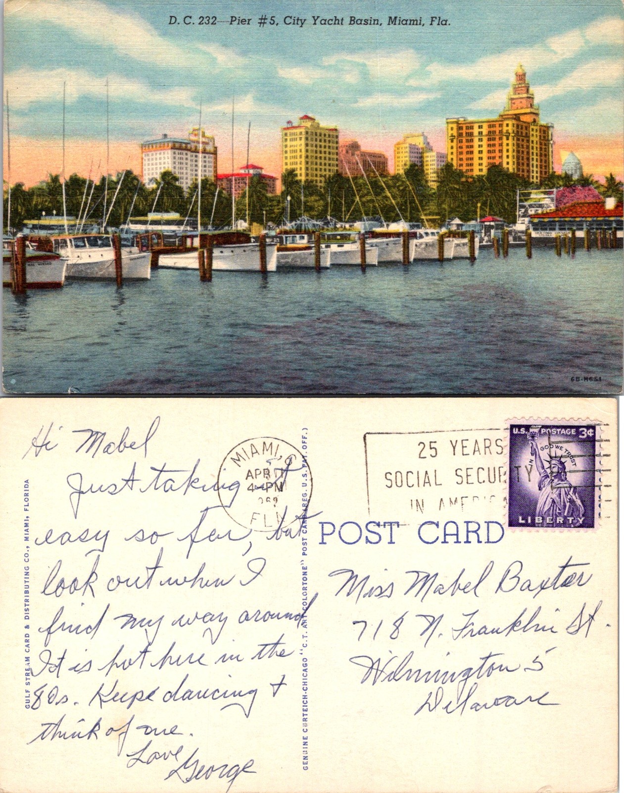 Miami FL Pier # 5, City Yacht Basin, Boats in Water Postcard 73812
