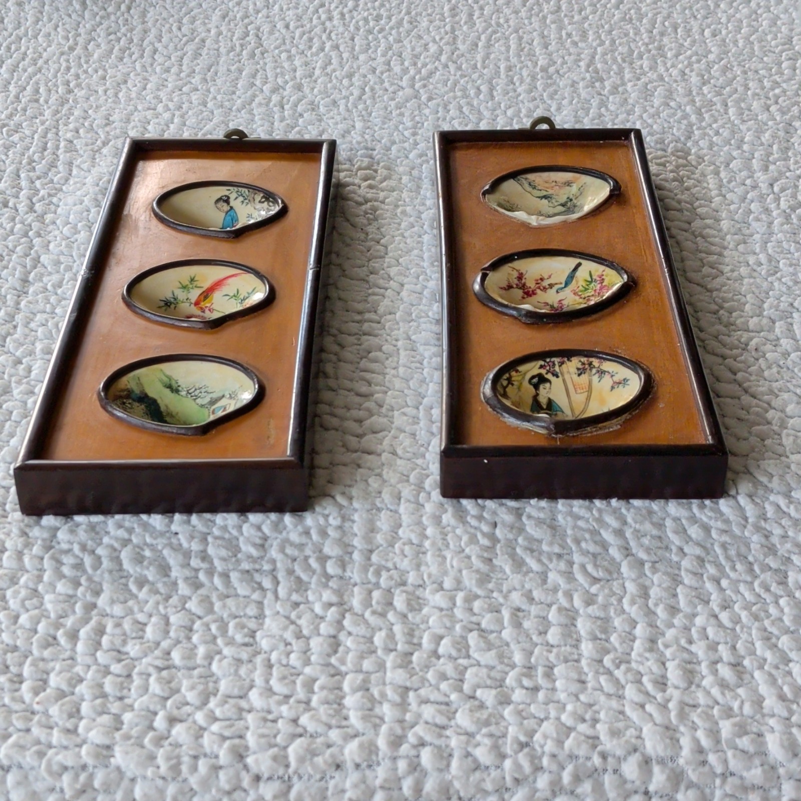Vintage Oriental Kai-Awase Painted Clam Shell Framed Wall Art Panels - Set of 2