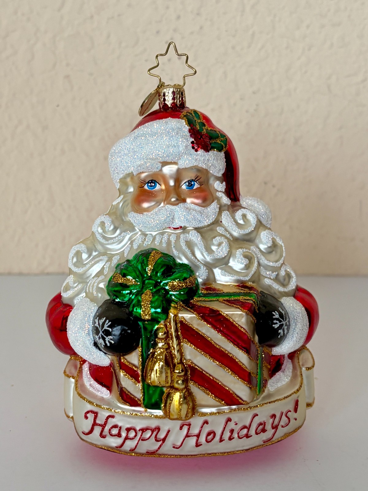 RARE Christopher Radko Santa Holding Gifts “Happy Holidays” Ornament
