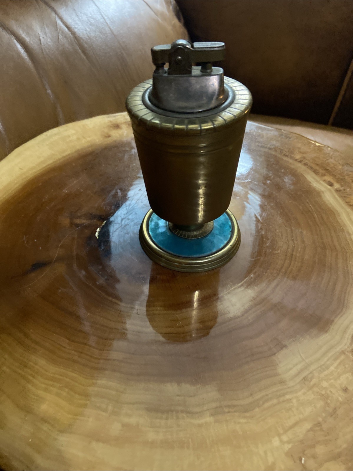 Vintage Georges Briard Brass Table Lighter With An Aqua Blue Accent Base 5.5”