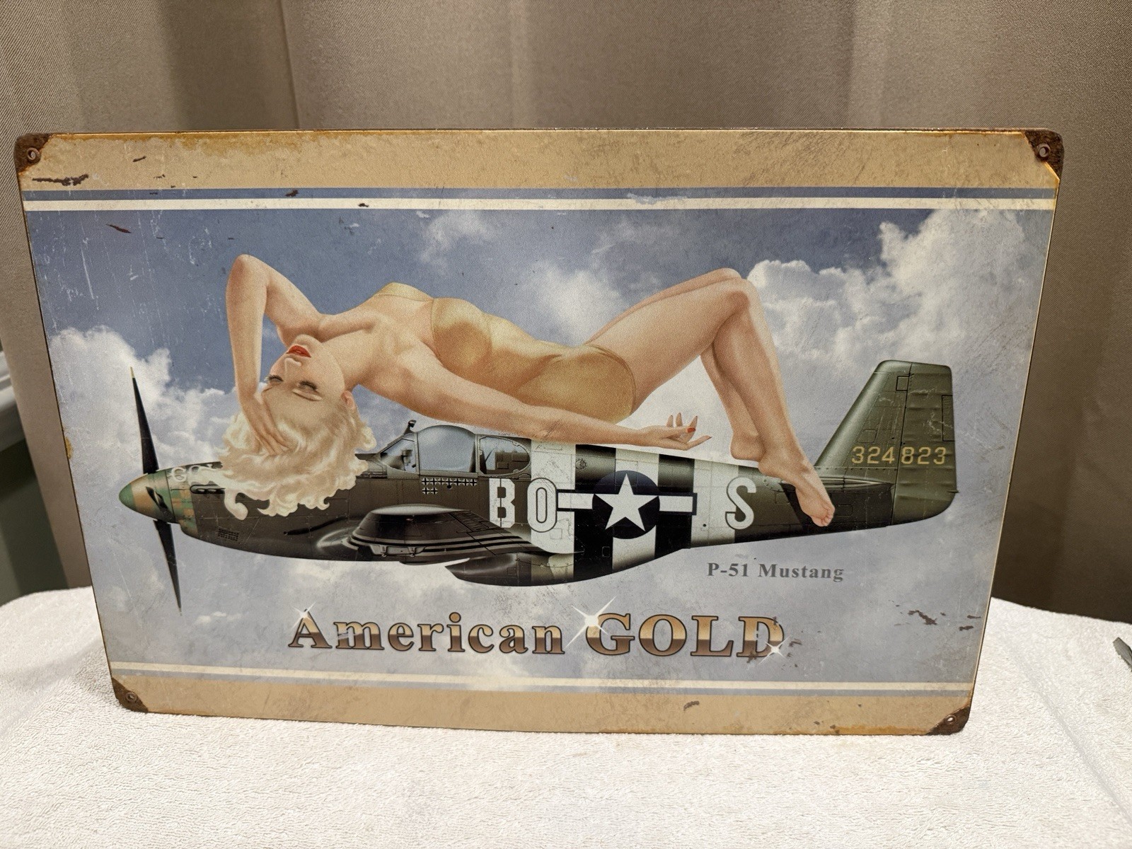 Vintage WWII American Gold P-51 Mustang 24 Gauge Metal Sign 12