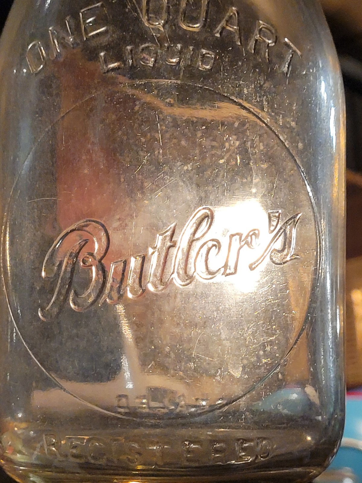 EMBOSSED Butler's Dairy Tryon North Carolina NC Approved Quart Milk Bottle