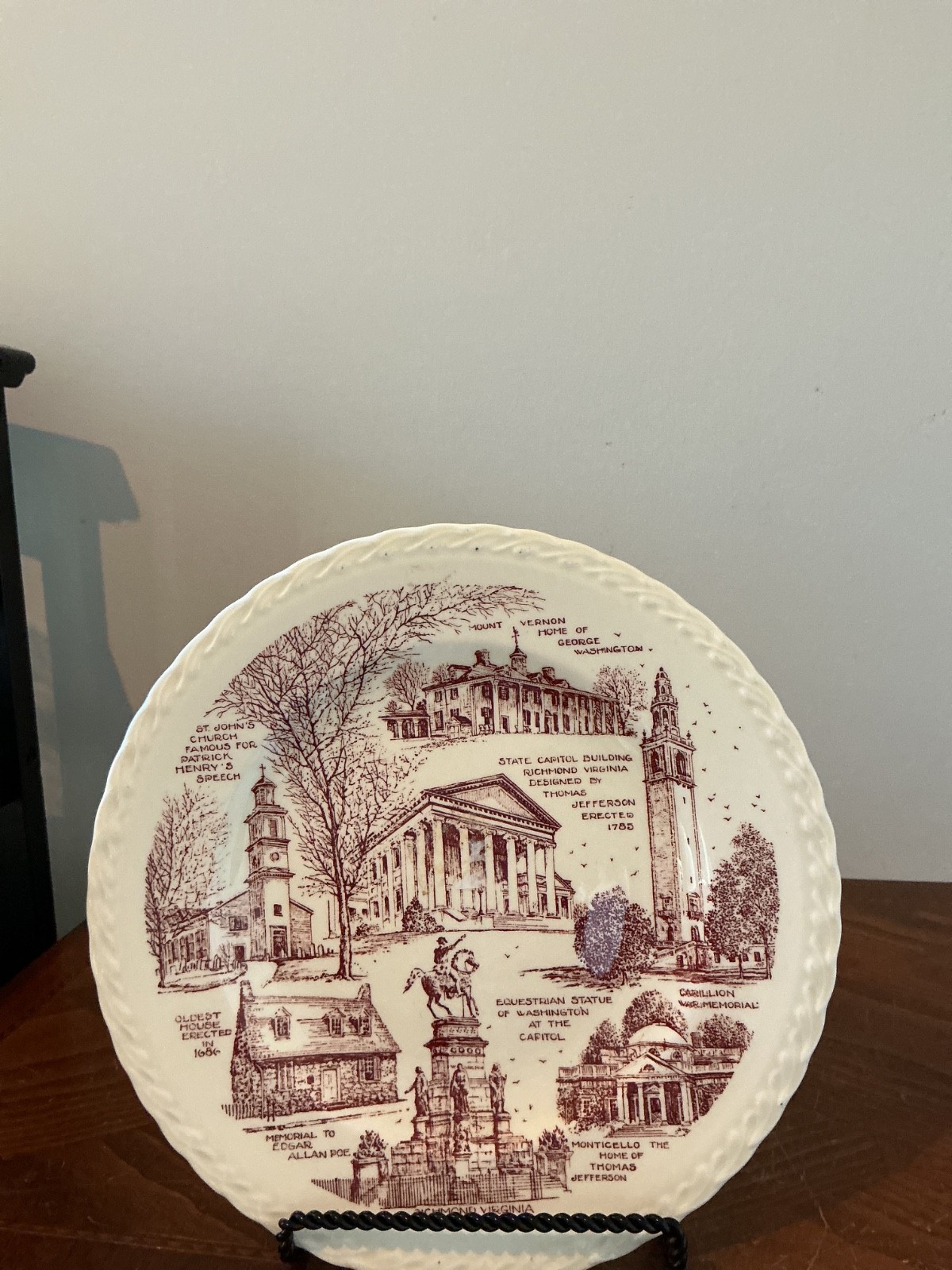 vintage brown transferware collector\'s plate depicting famous historical Virgini