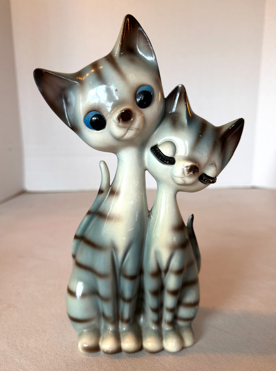 Vintage 1950s MCM Eyelash Cat Figurines Blue & White Kitsch Ceramic Pair