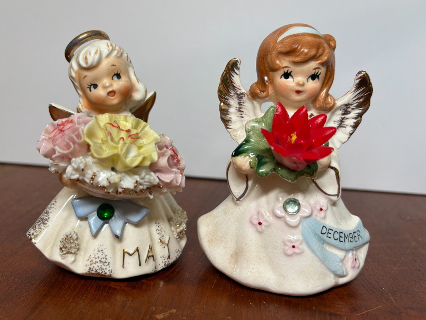 2 Vintage Lefton December and May Angel 4.5 Inches Poinsettia No chips