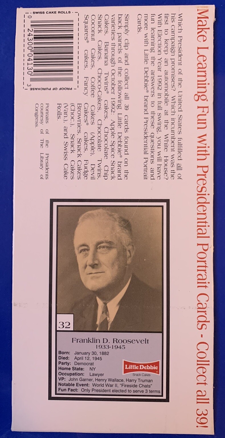 1992 Little Debbie Vintage US Political Presidential card Franklin D Roosevelt