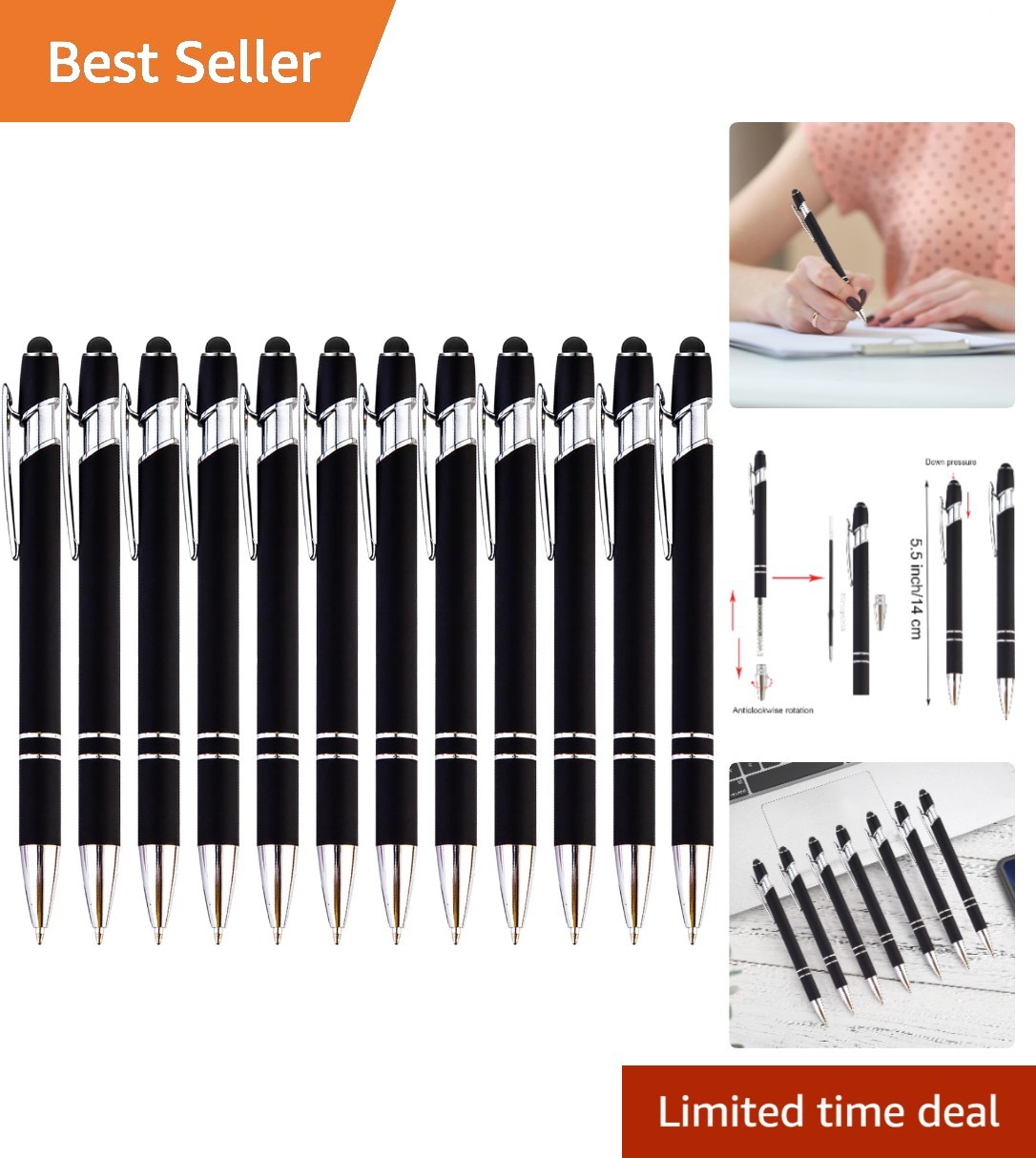 12-Piece Black Ballpoint Pen with Stylus Tip, 2 in 1 Stylish Metal Touch Scre...