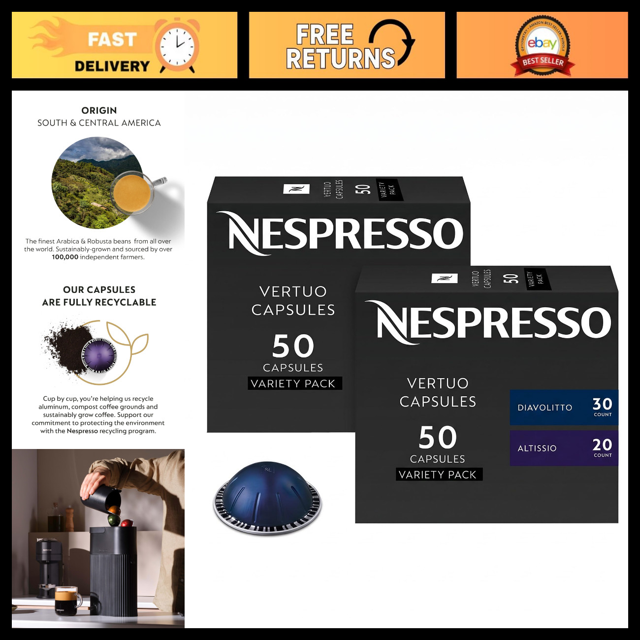 Nespresso Capsules Vertuo, EspressoVariety Pack, Medium and Dark Roast Espresso,