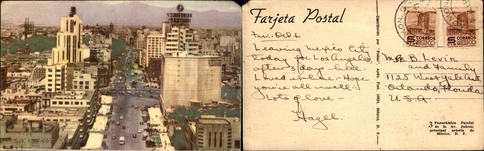 Vintage Postcard Partial Panoramic Av Juarez Mexico City D.F. c. 1950s Mailed FL