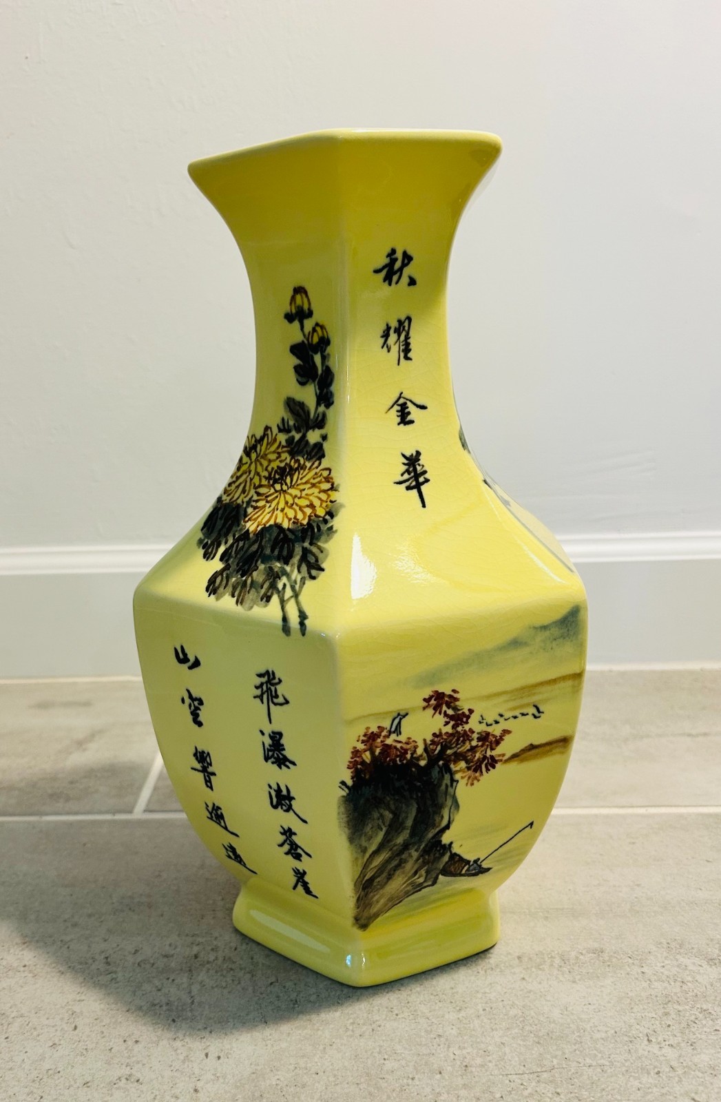 VTG Antique CHINESE hand painted vase landscapes and calligraphy 14+\