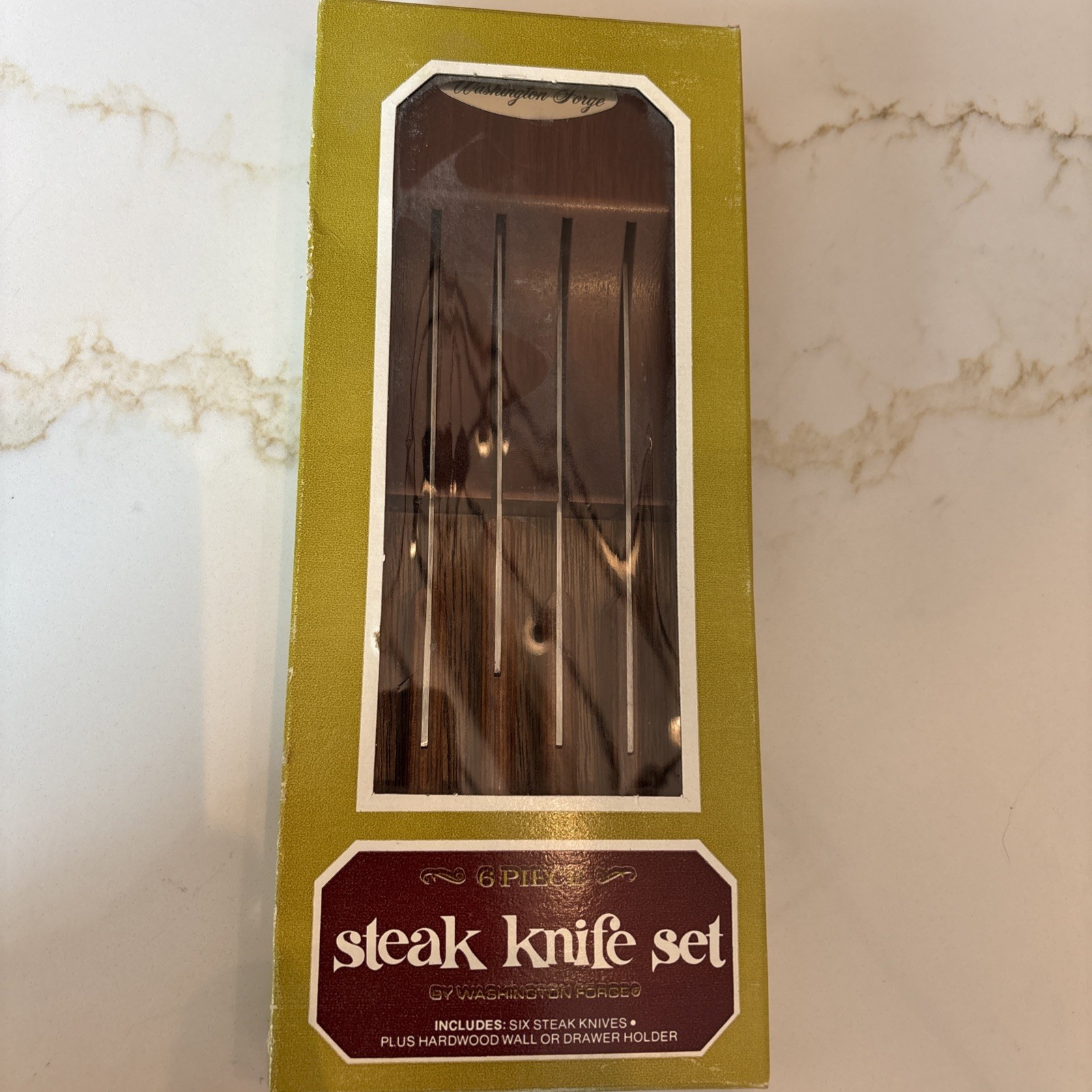 Vintage Forgecraft Stainless 6 Steak Knives New Old Stock With Drawer Wood Block