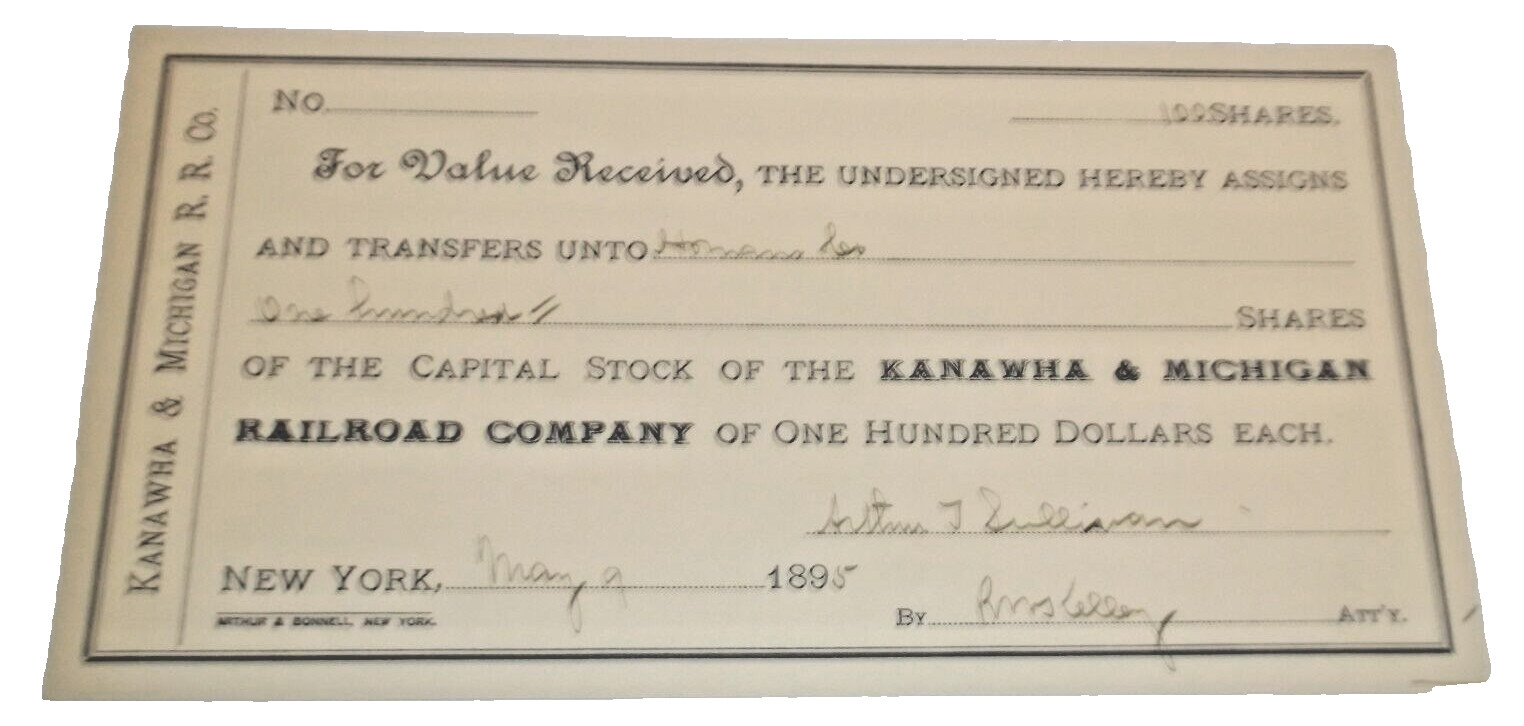 MAY 1895 KANAWHA & MICHIGAN RAILROAD CAPITAL STOCK TRANSFER FORM