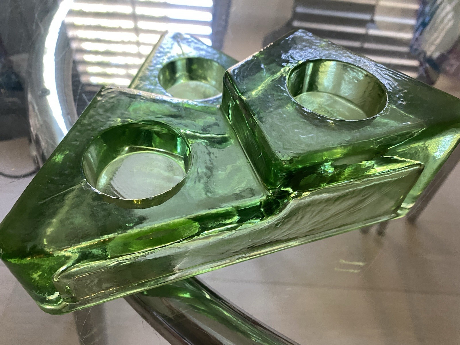 Vtg MCM Poured Glass Votive 3 Tier Green Triangle Votive Candle Holder Stand 8