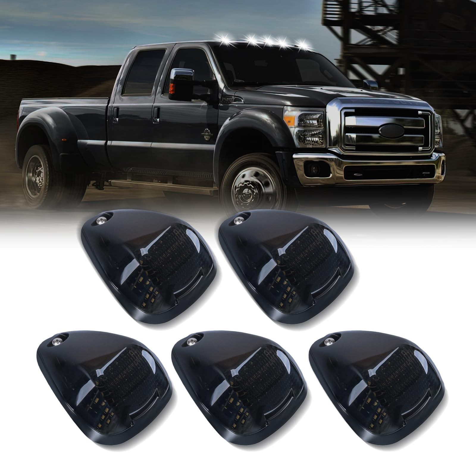 Cab Roof Top Marker Lights White LED Clearance 5PCS Smoked Black - Fits