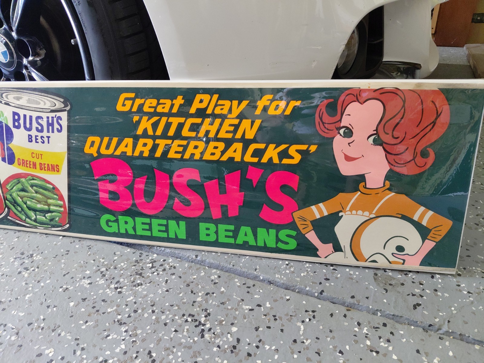 c.1960s Original Vintage Bush\'s Green Beans Sign NFL Mom Quarterback Kitchen 